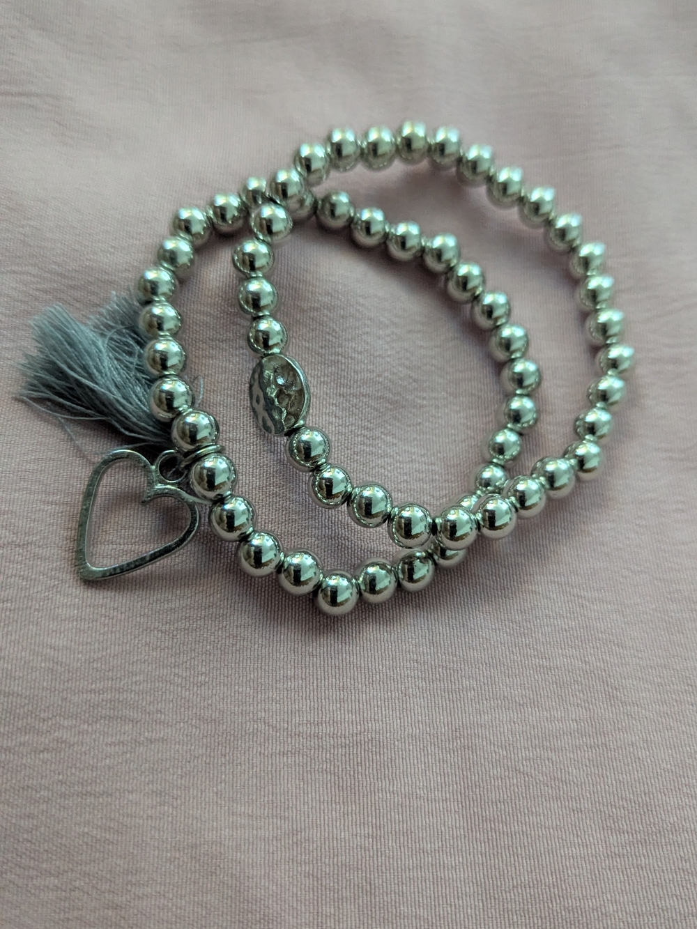 Silver Beaded Heart Charm Stretch Bracelet Set